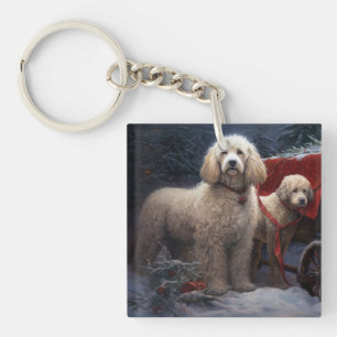 Poodle Snowy Sleigh Christmas Decor Key Ring
