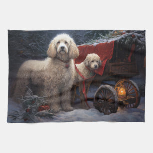 Poodle Snowy Sleigh Christmas Decor Tea Towel