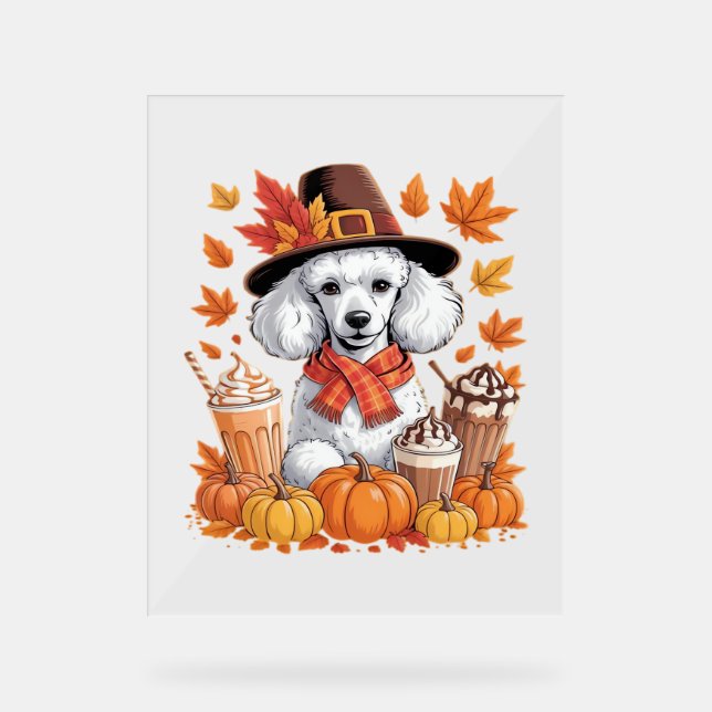 Poodle Thanksgiving Drinks Coffee Fall Leaves Pump Acrylic Sign (Front)