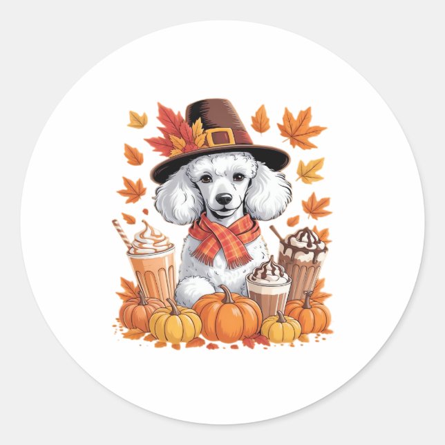 Poodle Thanksgiving Drinks Coffee Fall Leaves Pump Classic Round Sticker (Front)