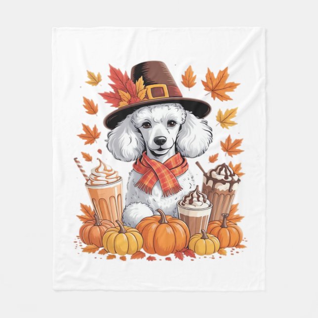 Poodle Thanksgiving Drinks Coffee Fall Leaves Pump Fleece Blanket (Front)