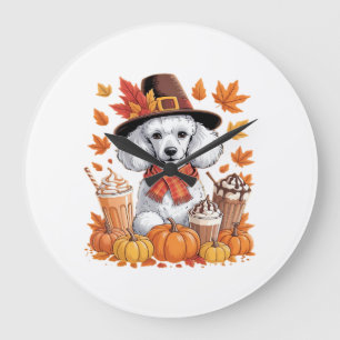 Poodle Thanksgiving Drinks Coffee Fall Leaves Pump Large Clock
