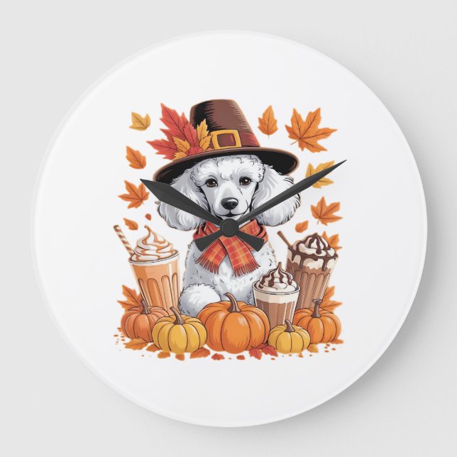 Poodle Thanksgiving Drinks Coffee Fall Leaves Pump Large Clock (Front)