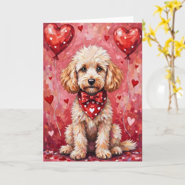 Poodle Valentine’s Day Dog with Hearts Red Card (Yellow Flower)