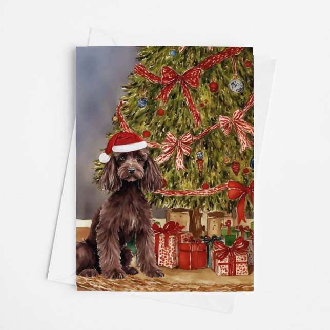 Poodle Watercolor Under the Christmas Tree Card (Creator Uploaded)