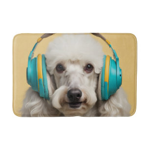 Poodle wearing headphones bath mat