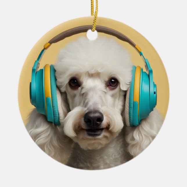 Poodle wearing headphones ceramic ornament (Front)