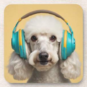 Poodle wearing headphones coaster