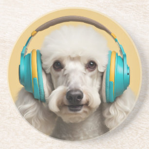 Poodle wearing headphones coaster