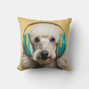 Poodle wearing headphones cushion