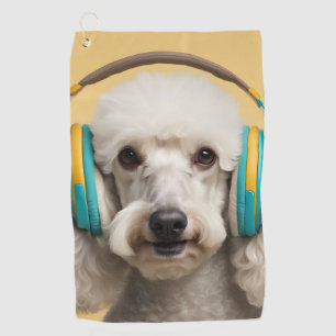 Poodle wearing headphones golf towel
