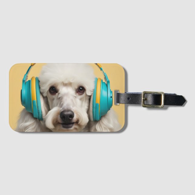 Poodle wearing headphones luggage tag (Front Horizontal)