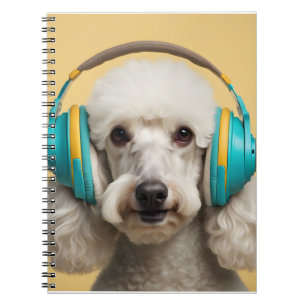 Poodle wearing headphones notebook