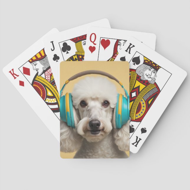 Poodle wearing headphones playing cards (Back)