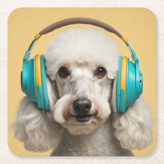 Poodle wearing headphones square paper coaster (Front)