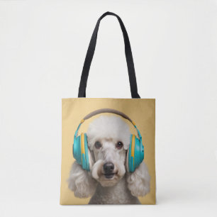 Poodle wearing headphones tote bag