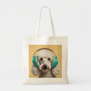 Poodle wearing headphones tote bag