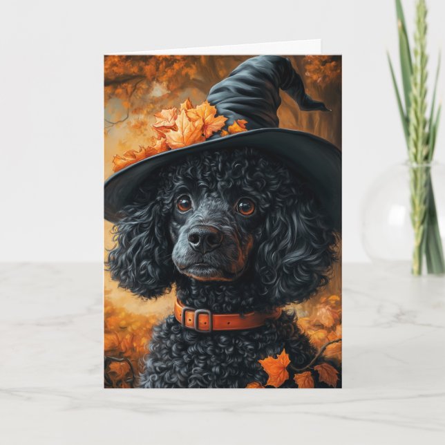 Poodle Witch Halloween Holiday Card (Front)