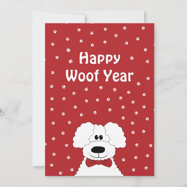 Poodle with a bow tie 'Happy Woof Year' Christmas Holiday Card (Front)