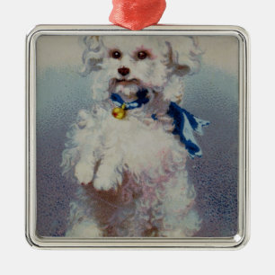 Poodle with blue ribbon metal tree decoration