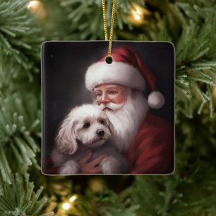 Poodle With Santa Claus Festive Christmas  Ceramic Ornament