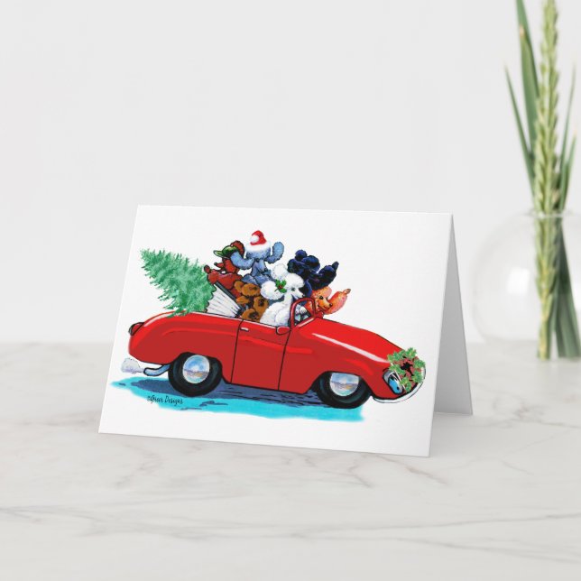 Poodles Christmas Vintage Car Art Print Card (Front)