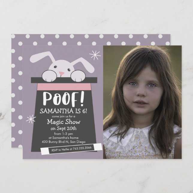 POOF Magic Show Birthday Party Bunny Photo Invitation (Front/Back)