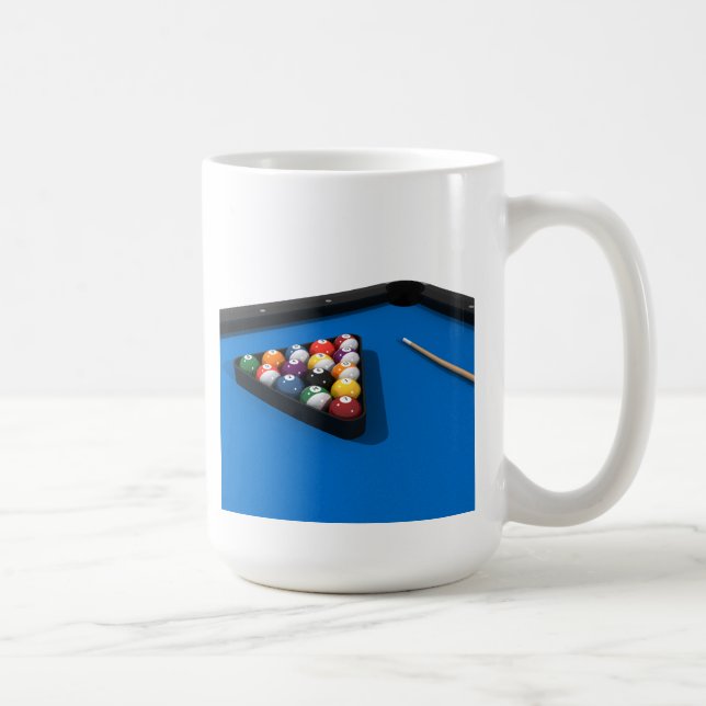 Pool Balls on Blue Felt Billiards Table: Coffee Mug (Right)