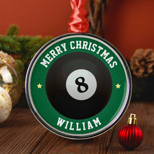 Pool Billiards 8 Ball Green Merry Christmas Metal Ornament (Pool Billiards 8 Ball Green Merry Christmas Metal Ornament)
