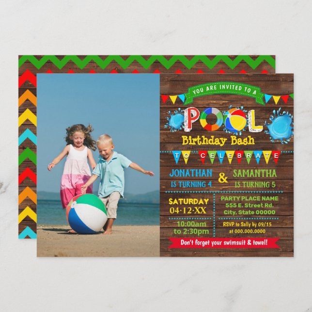 Pool birthday bash siblings combined party photo invitation (Front/Back)