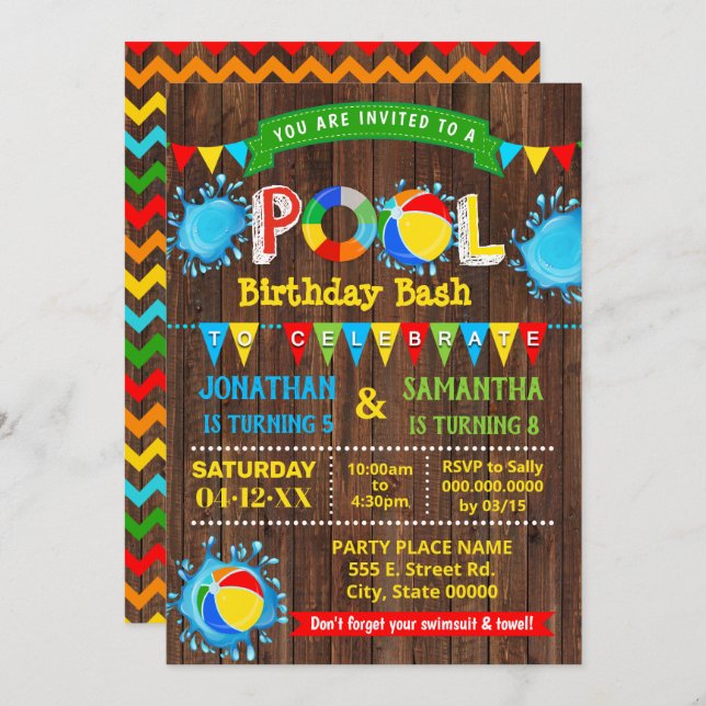 Pool birthday bash siblings combined party wood invitation (Front/Back)