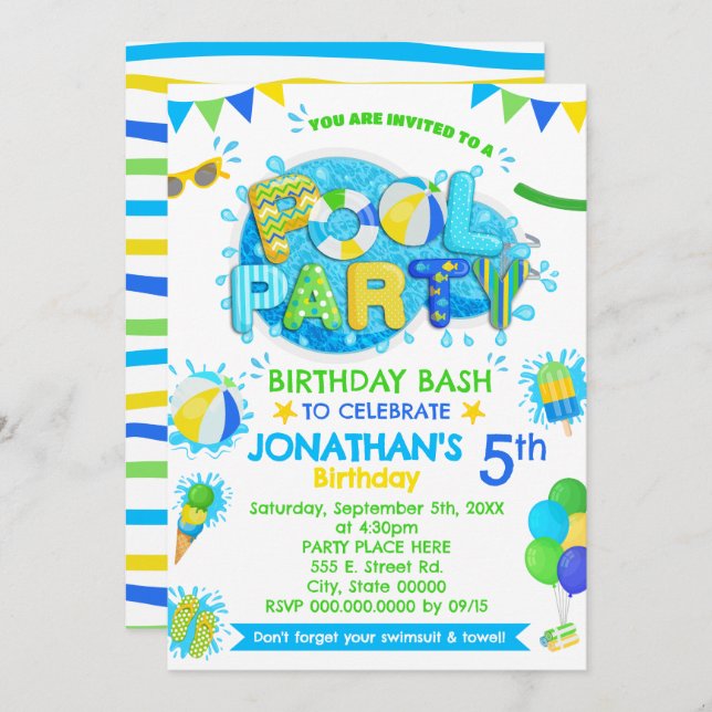 Pool Birthday Party Blue Green Yellow Invitation (Front/Back)
