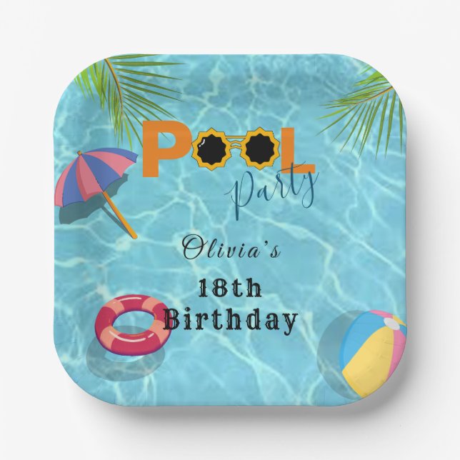 Pool Birthday Party celebration theme Paper Plate (Front)