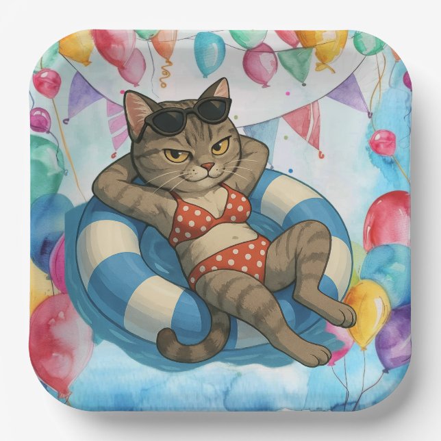 Pool Birthday Party for Cat Lovers  Paper Plate (Front)