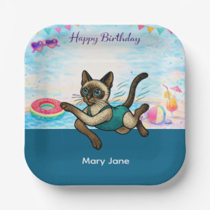 Pool Birthday Party for Cat Lovers Paper Plate
