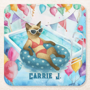 Pool Birthday Party for Cat Lovers Paper Plates Square Paper Coaster