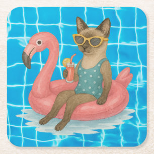 Pool Birthday Party for Cat Lovers Square Paper Coaster