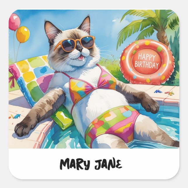Pool Birthday Party for Cat Lovers  Square Sticker (Front)