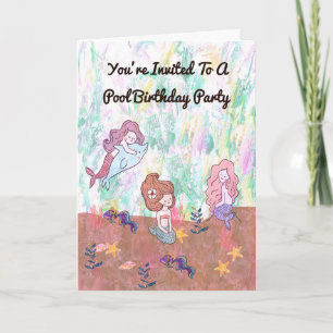Pool Birthday Party Invitation with Mermaids