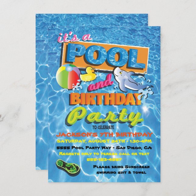 Pool Birthday Party Invitations with pool toys (Front/Back)