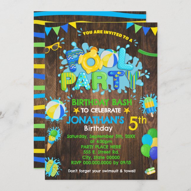 Pool Birthday Party Rubber Duck Blue Green Wood Invitation (Front/Back)