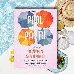Pool Birthday Party Umbrellas Cool Pink Teen Tween Invitation