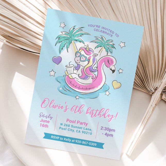 Pool Birthday Party Unicorn Flamingo Tropical Invitation (Creator Uploaded)