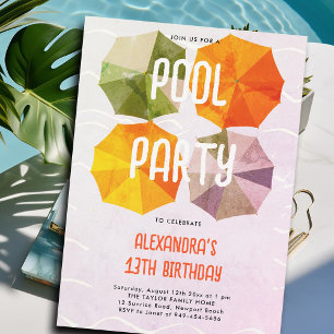 Pool Birthday Party Vintage Umbrellas Teen Tween Invitation