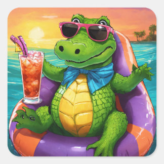 pool birthday party with cute aligators square sticker