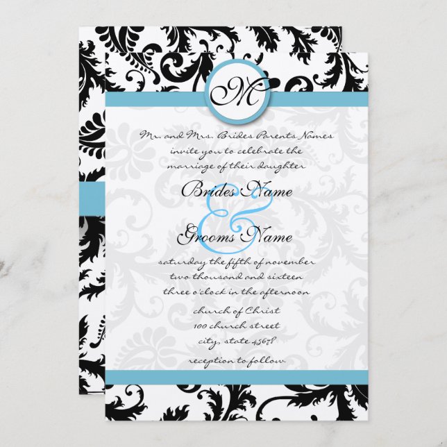 Pool Blue Damask Swirls Wedding Invitation 5 x 7 (Front/Back)