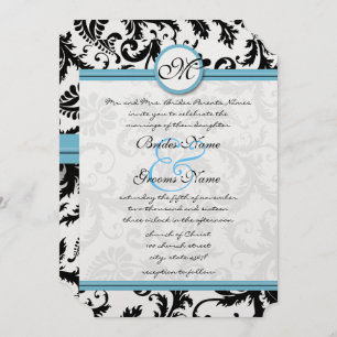 Pool Blue Damask Swirls Wedding Invitation 5 x 7