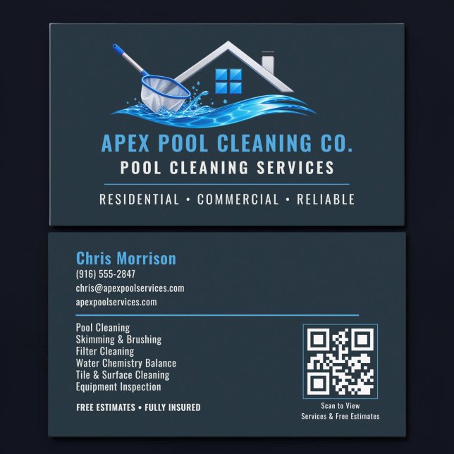 Pool Cleaning QR Code Professional Services Business Card (Creator Uploaded)