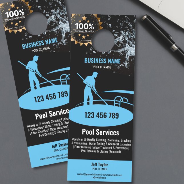 Pool Cleaning Services Pool Maintenance and Repair Door Hanger (blue pool guy cleaning swimming pool, black background, door hanger flyer)