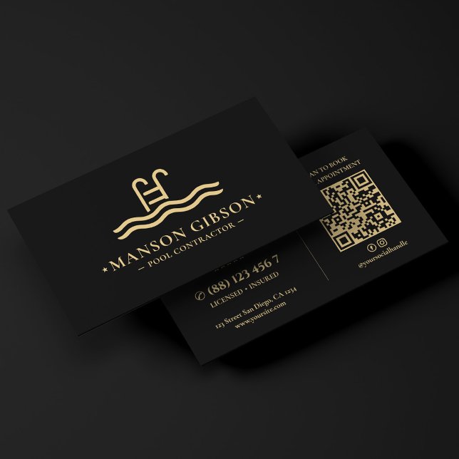 Pool Contractor Logo Black Modern QR Code Business Card (Pool Contractor Logo Black Modern QR Code Business Card
)